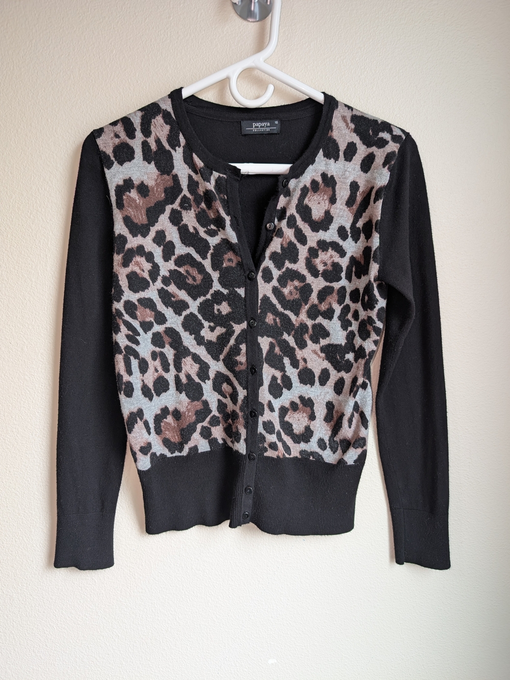 Papaya Black Leopard-Print Button Cardigan with Taupe Accents Size 10